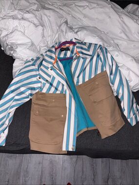 Nocturne Women's Teal & White Striped Utility Jacket with Tan Pockets
